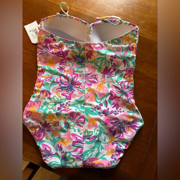 Stella Parker Women's One Piece Halter Swimsuit Abstract Floral Pink White Sz L - Picture 2 of 4